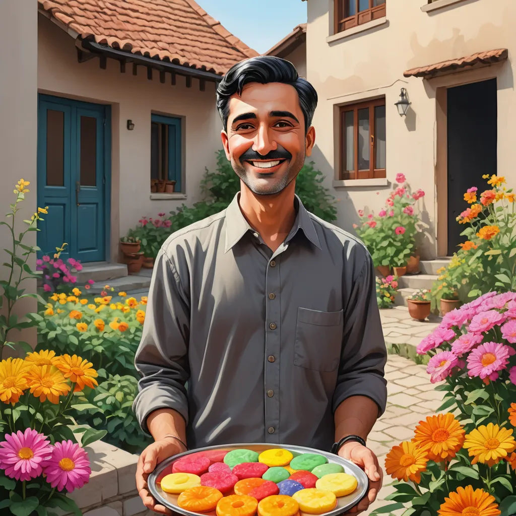 a man holding a plate of colorful donuts in front of a house with flowers in the background and a garden of flowers, qajar art, a storybook illustration, Amir Zand, professional digital painting