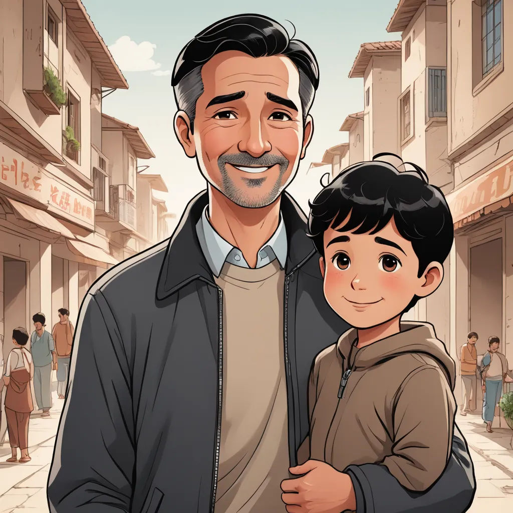 a man holding a child in his arms in front of a crowd of people on a street with buildings, serial art, a storybook illustration, Cliff Childs, graphic novel