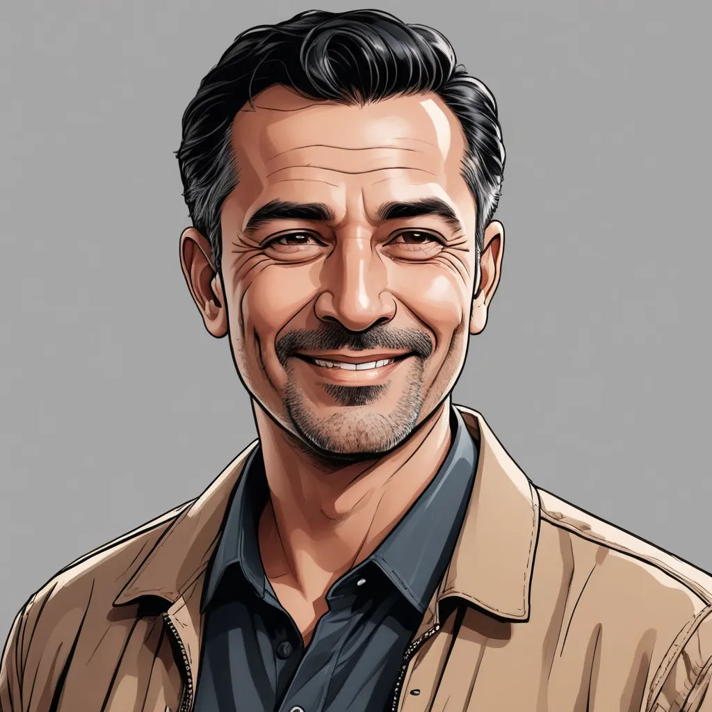 a man with a mustache and a brown jacket smiling at the camera with a gray background and a gray background, hyperrealism, a character portrait, Ahmed Karahisari, character portrait