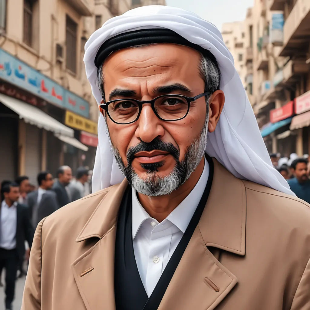 a man in a suit and tie standing in front of a crowd of people in a city street with a man in a headscarf, hurufiyya, a character portrait, Ahmed Karahisari, character portrait