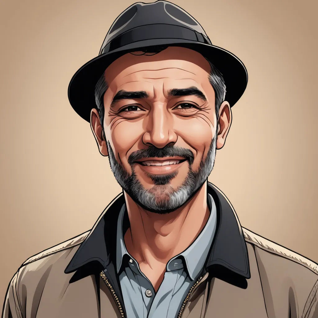 a man with a hat and a beard smiling at the camera with a brown background and a brown background, serial art, a character portrait, Ahmed Karahisari, character portrait