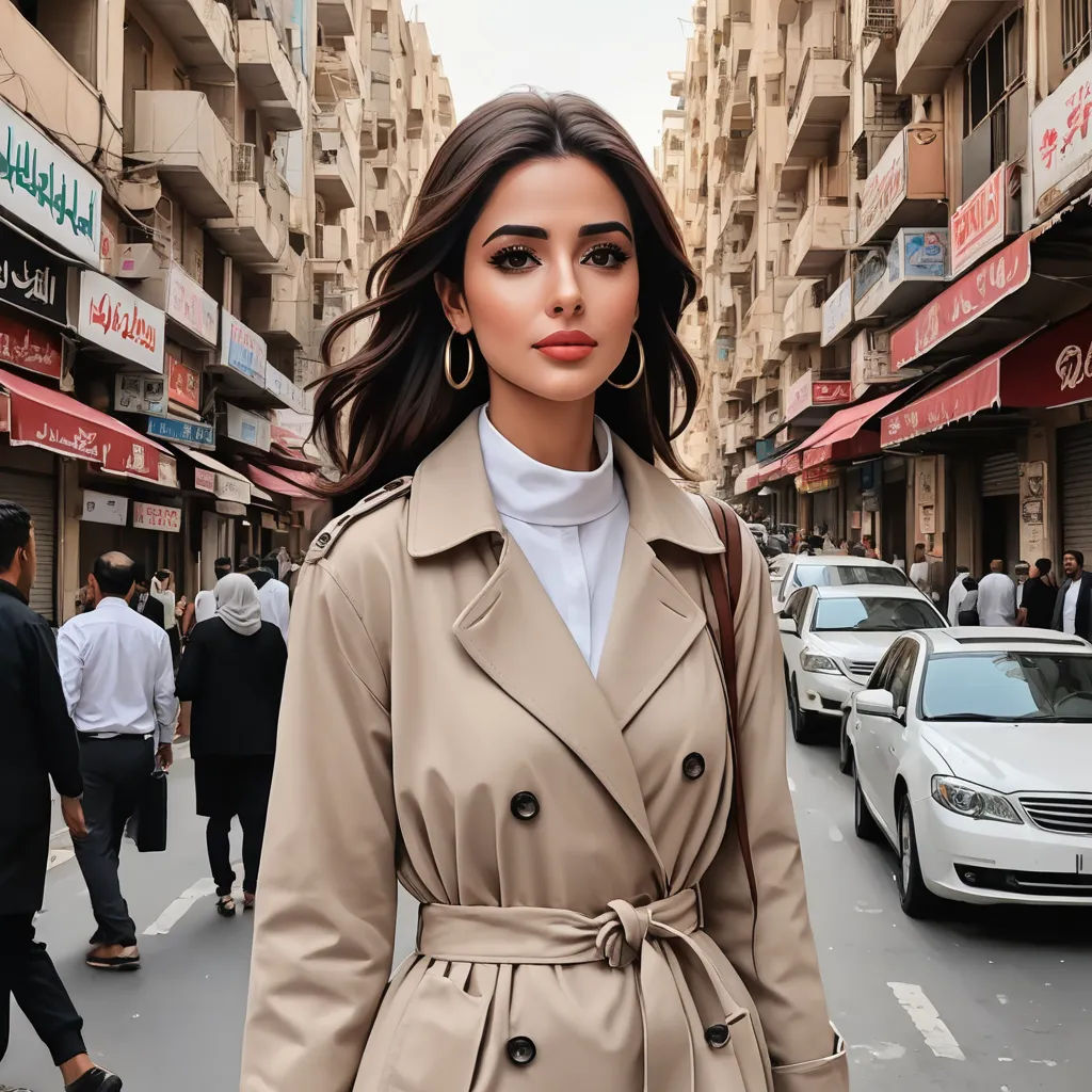 a woman in a trench coat is walking down the street in a city with cars and people walking by, aestheticism, a picture, Bouchta El Hayani, city background