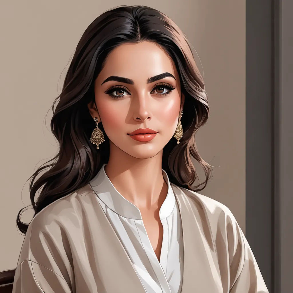 a digital painting of a woman with long hair and earrings on her head, wearing a white shirt and gold earrings, serial art, a digital painting, Elina Karimova, professional digital painting