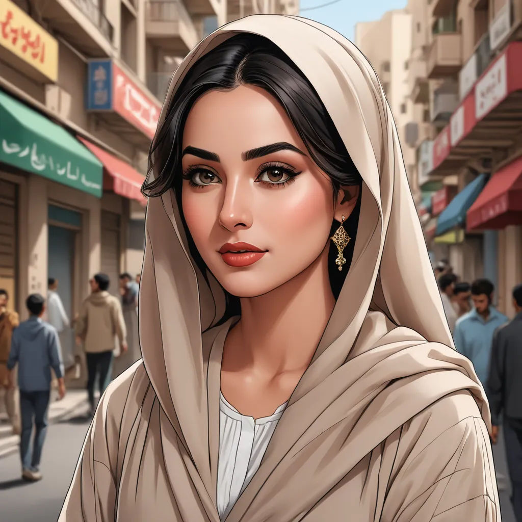 a woman in a headscarf is standing in the street with people walking by and shops on the side, qajar art, egyptian art, Amir Zand, beautiful detailed