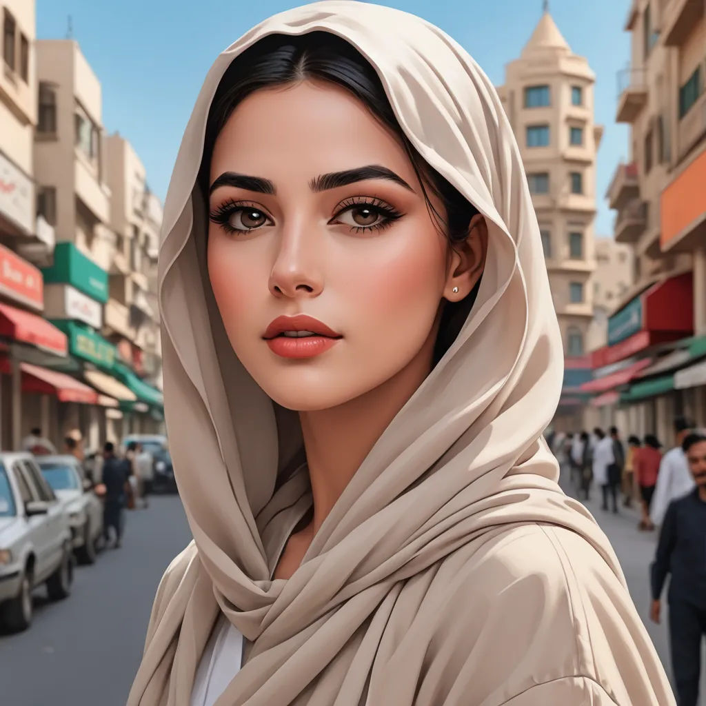 a woman in a headscarf on a city street with cars and people in the background, with a digital painting of a woman in the middle of the middle of the image, digital art, a photorealistic painting, Elina Karimova, highly detailed digital painting