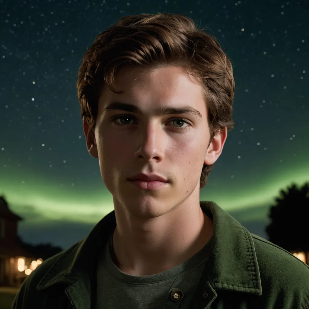 a young man is looking at the camera with a green aurora behind him and a green aurora behind him, american romanticism, a poster, David Budd, promotional image