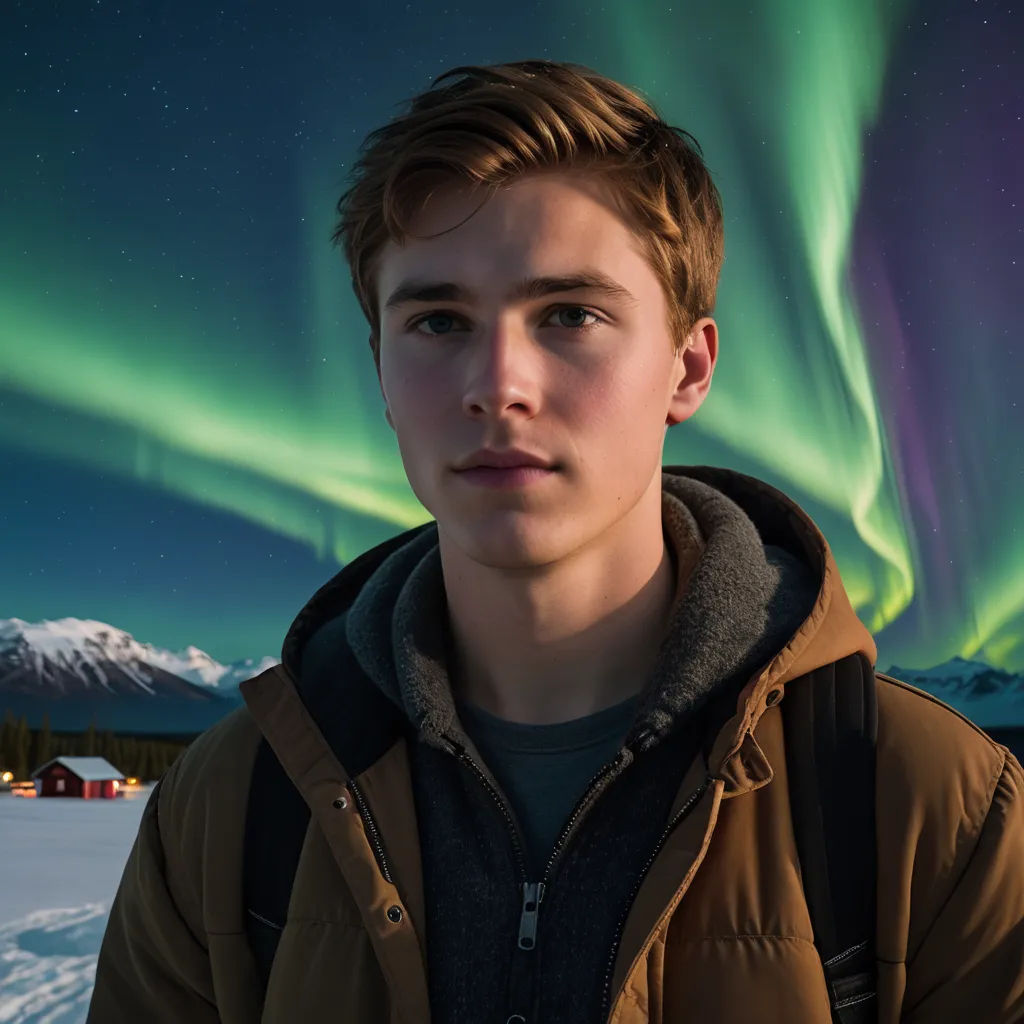 a young man is standing in front of a green and purple aurora bore in the sky above a snowy landscape, holography, a character portrait, Aaron Nagel, anamorphic lens flare