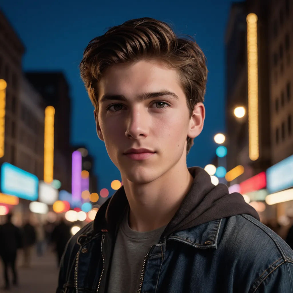 a young man standing in the middle of a city street at night with a city lights in the background, american barbizon school, a portrait, derek zabrocki, anamorphic lens flare