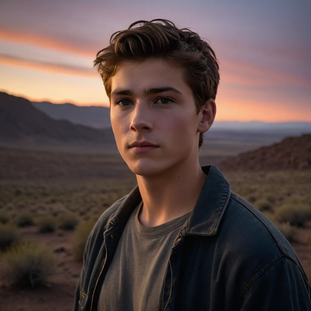 a young man standing in a desert at sunset with mountains in the background and a sky filled with clouds, aestheticism, a portrait, Chase Stone, anamorphic lens flare