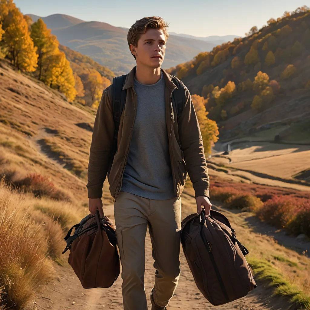 a man walking down a dirt road carrying two bags of luggage on his back and a backpack on his shoulder, color field, a character portrait, Christian Hilfgott Brand, promotional image