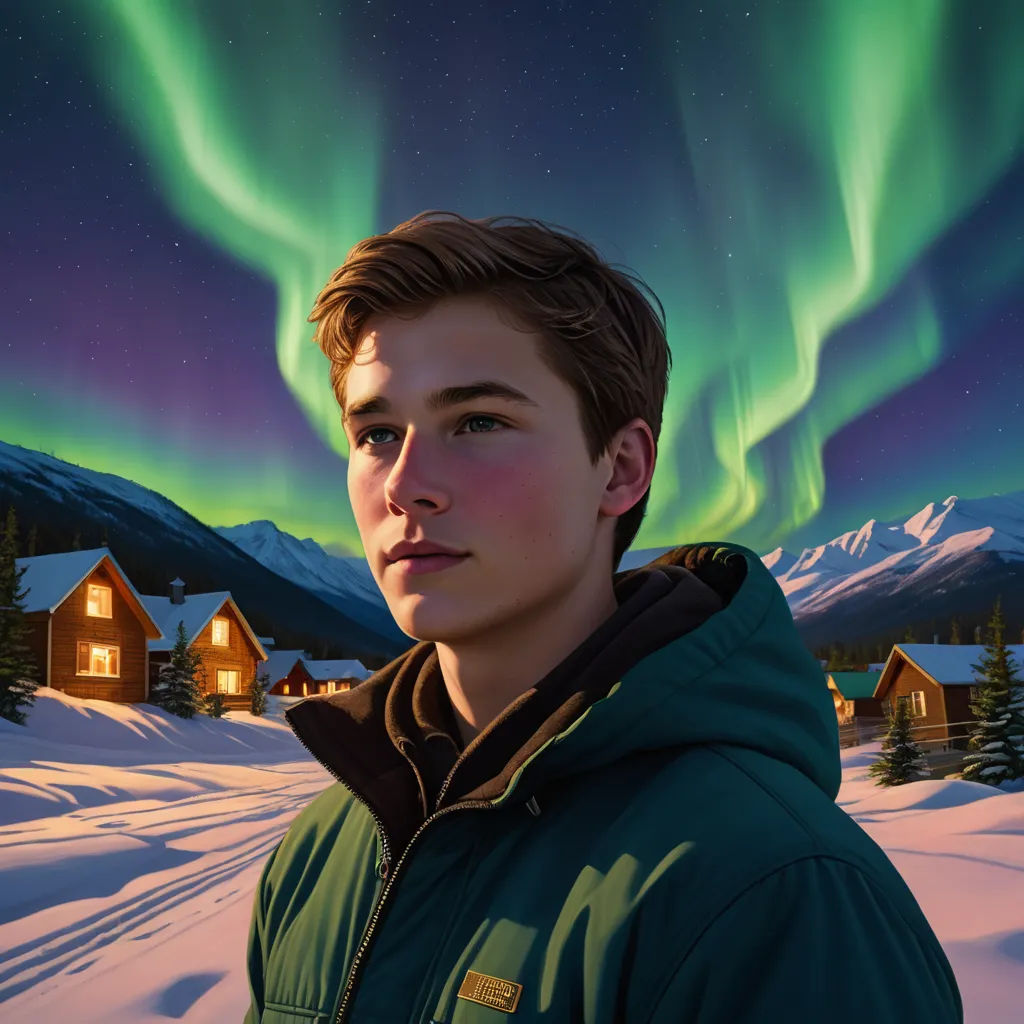 a boy in a green jacket looking at the sky with a green aurora behind him and a mountain range in the background, photorealism, a photorealistic painting, Evan Charlton, photorealistic lighting