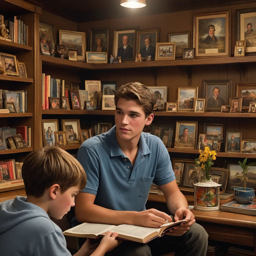 a boy and a boy sitting in a library reading a book together, with a man standing behind them, american impressionism, a storybook illustration, Brothers Hildebrandt, movie still