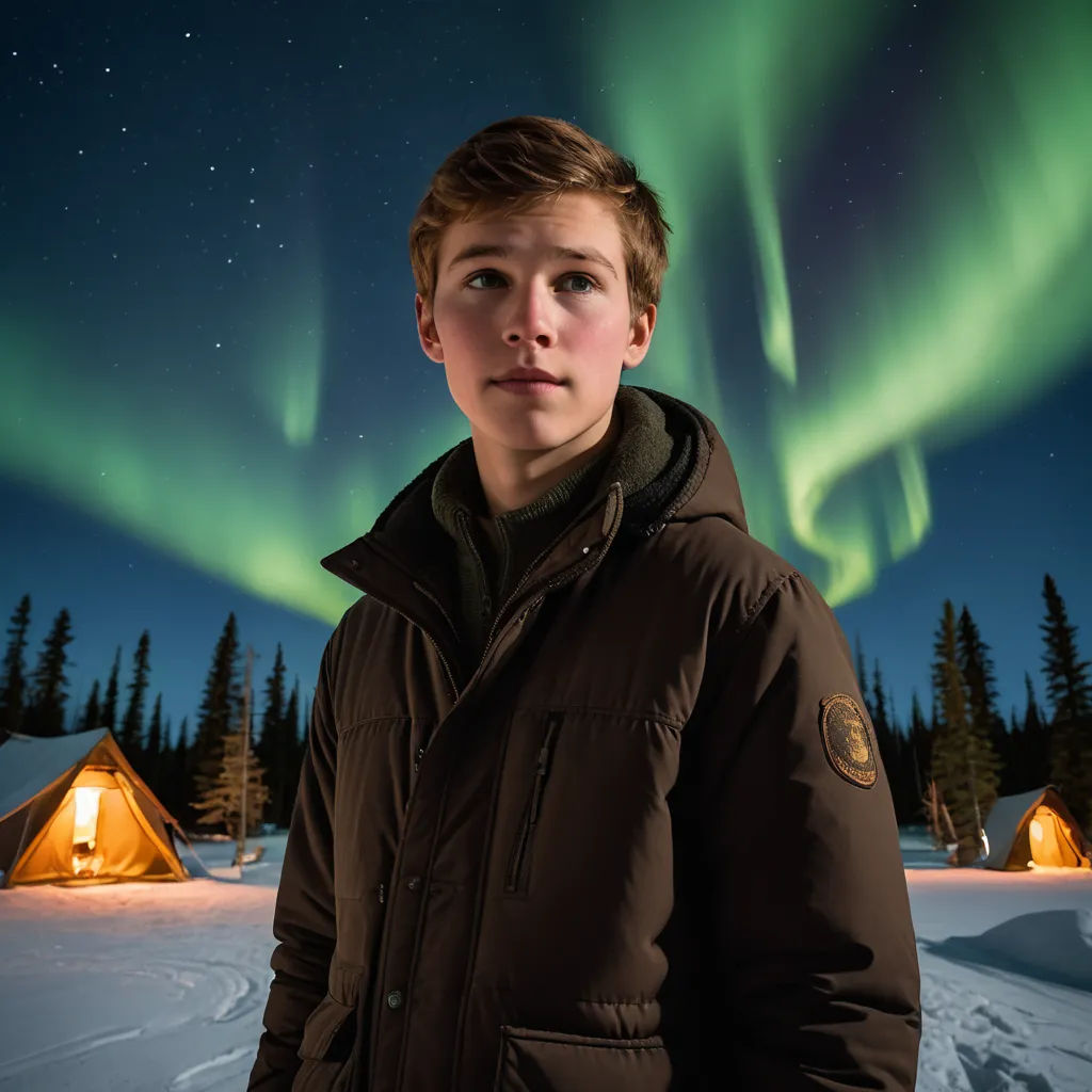 a boy standing in the snow with a green aurora light in the background and a tent in the foreground, vancouver school, a character portrait, Adam Paquette, kai carpenter