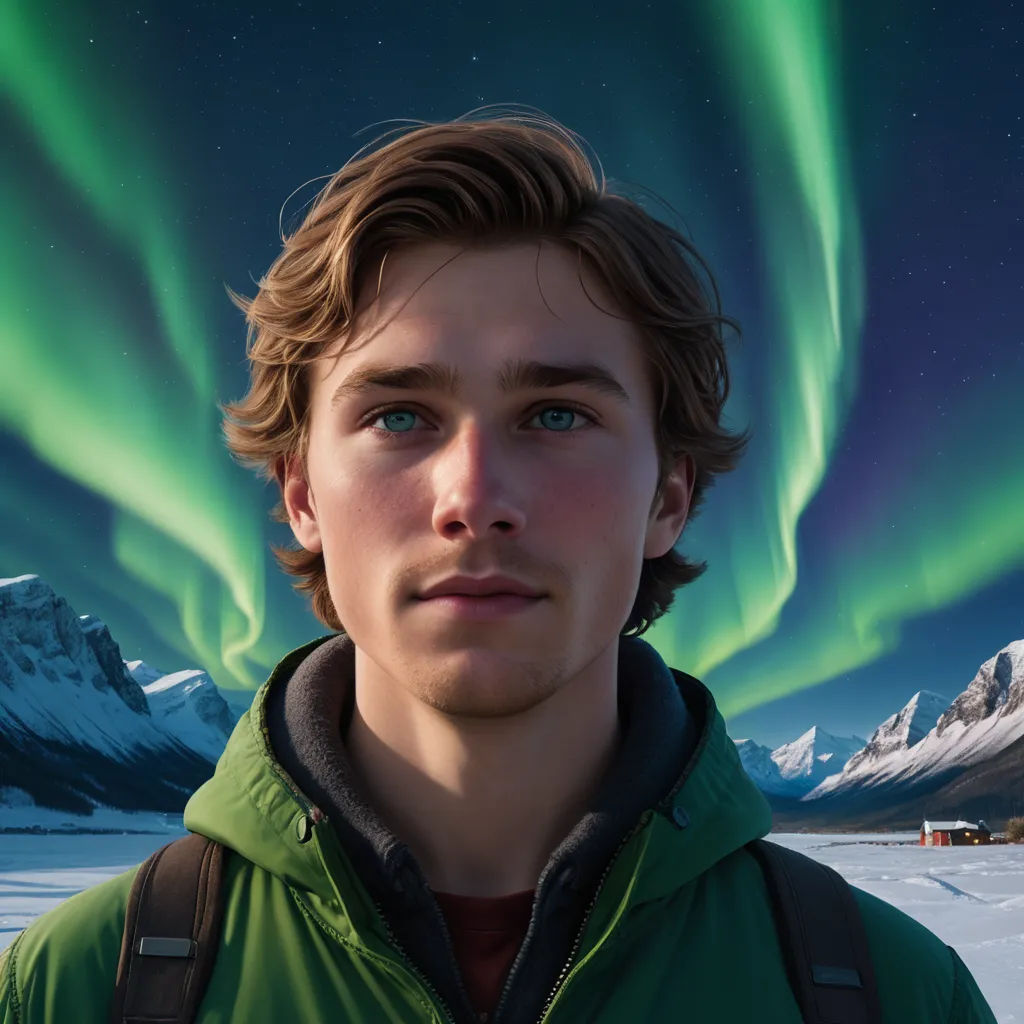 a man standing in front of a mountain with a green aurora light in the background and a blue sky, photorealism, a photorealistic painting, Bruno Liljefors, photoreal