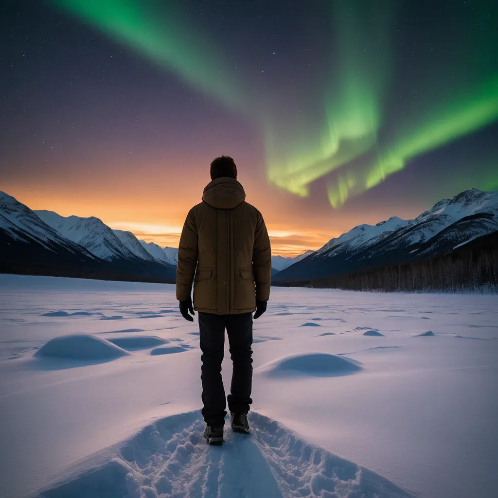 a man standing in the snow looking at the aurora bore in the sky above him and a green light, neo-romanticism, a photo, David Boyd, award - winning photo