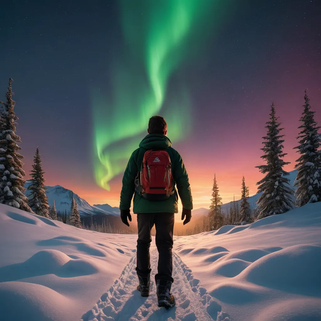 a man walking through a snow covered field under a green and red aurora light in the sky above trees, rayonism, computer graphics, Filip Hodas, affinity photo
