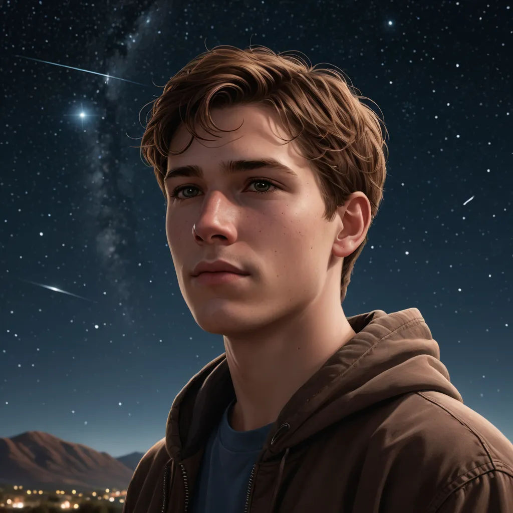 a young man is looking at the stars in the sky above him and a city below him is lit up, photorealism, a photorealistic painting, Evan Charlton, promotional image