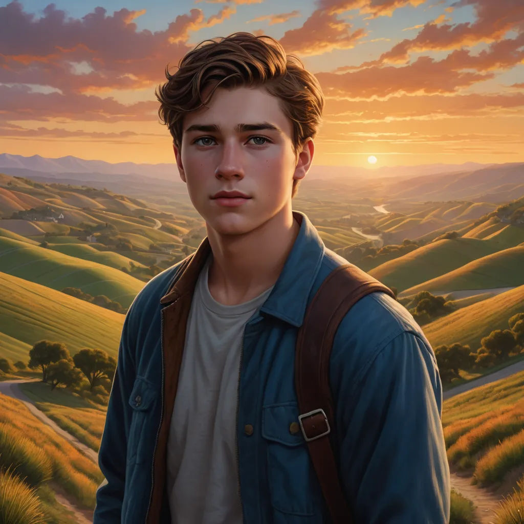 a painting of a boy with a backpack on a hill with a sunset in the background and a field with green grass, sots art, a character portrait, Aaron Jasinski, rossdraws global illumination