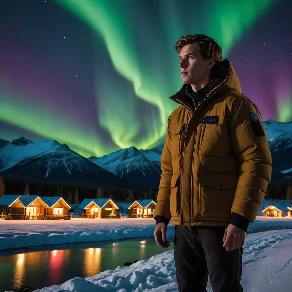 a man standing in front of a lake under a green and purple aurora light in the sky above a snow covered mountain, video art, a stock photo, Ejler Bille, promotional image
