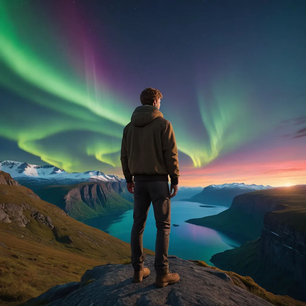 a man standing on a rock looking at the aurora lights in the sky above a lake and mountains in the background, art photography, a stock photo, Filip Hodas, affinity photo