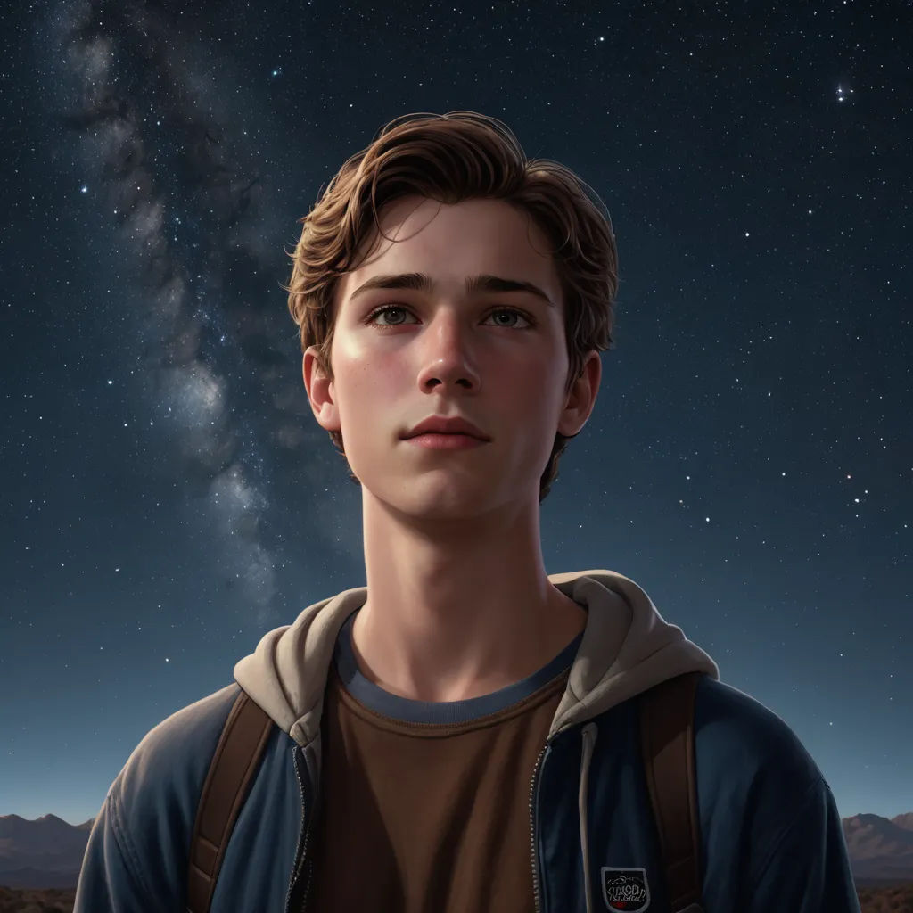a young man is looking up at the stars in the sky with a backpack on his shoulder and a backpack on his shoulder, sots art, a character portrait, Evan Charlton, ultra realistic digital art