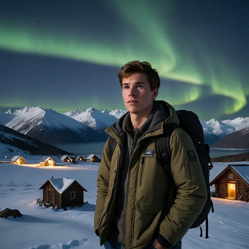 a man standing in the snow with a backpack under the aurora lights in the background, with a cabin in the foreground, art photography, a character portrait, Ásgrímur Jónsson, promotional image