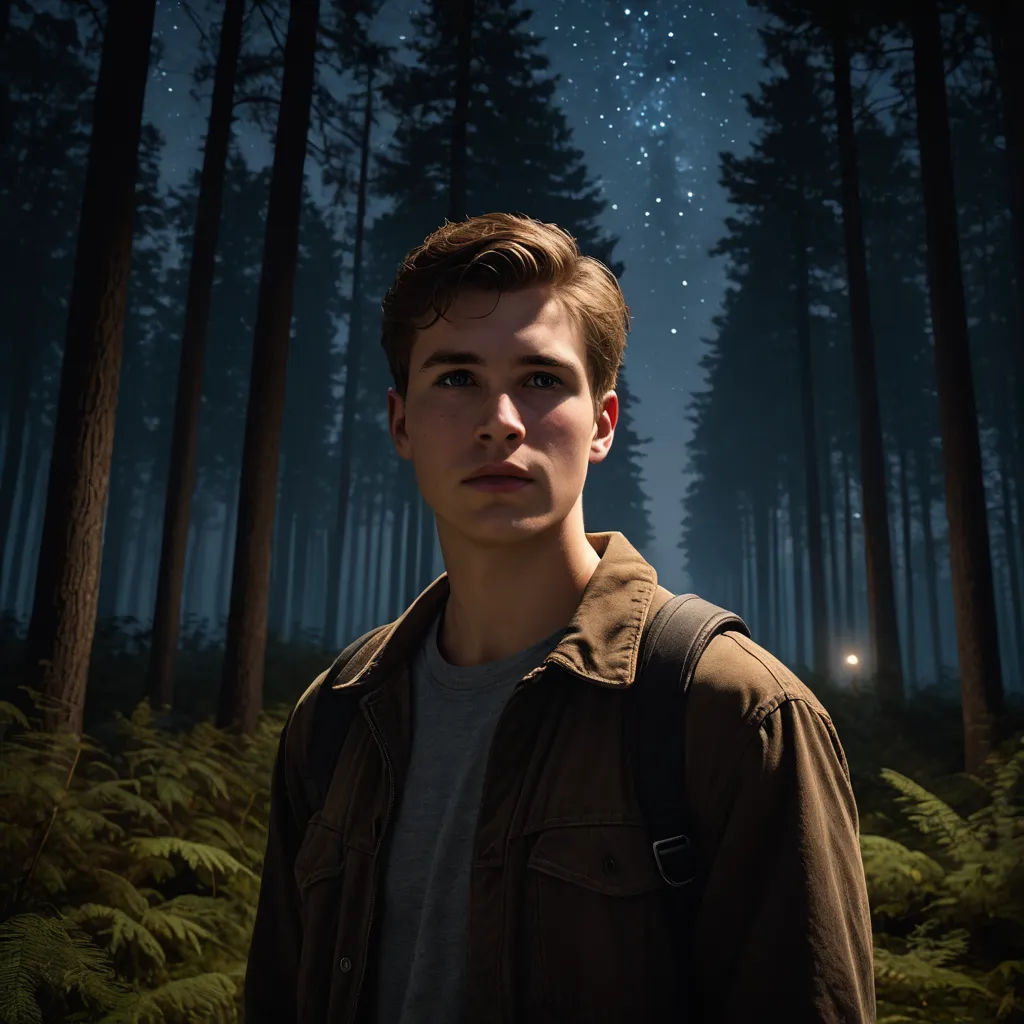 a man standing in a forest under a night sky with stars above him and a forest with tall trees, light and space, a character portrait, Caspar Wolf, anamorphic lens flare
