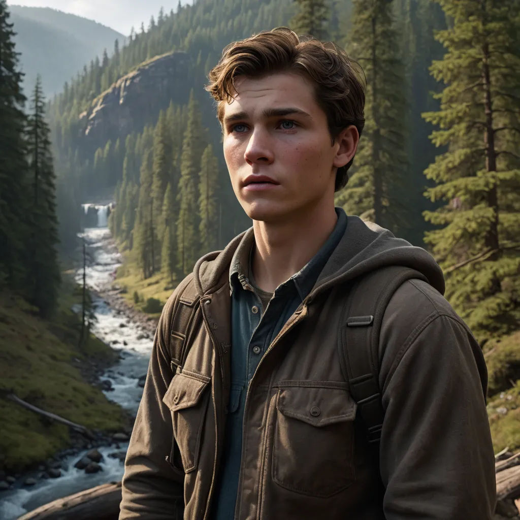 a man standing in front of a mountain stream with a forest in the background and a waterfall in the distance, naturalism, a character portrait, Clark Voorhees, promotional image