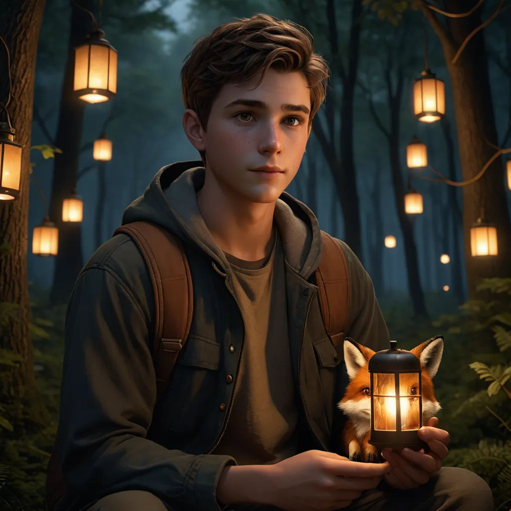 a boy holding a lantern in a forest with a fox on it's chest and a fox on his chest, photorealism, a 3D render, Chris LaBrooy, rossdraws global illumination