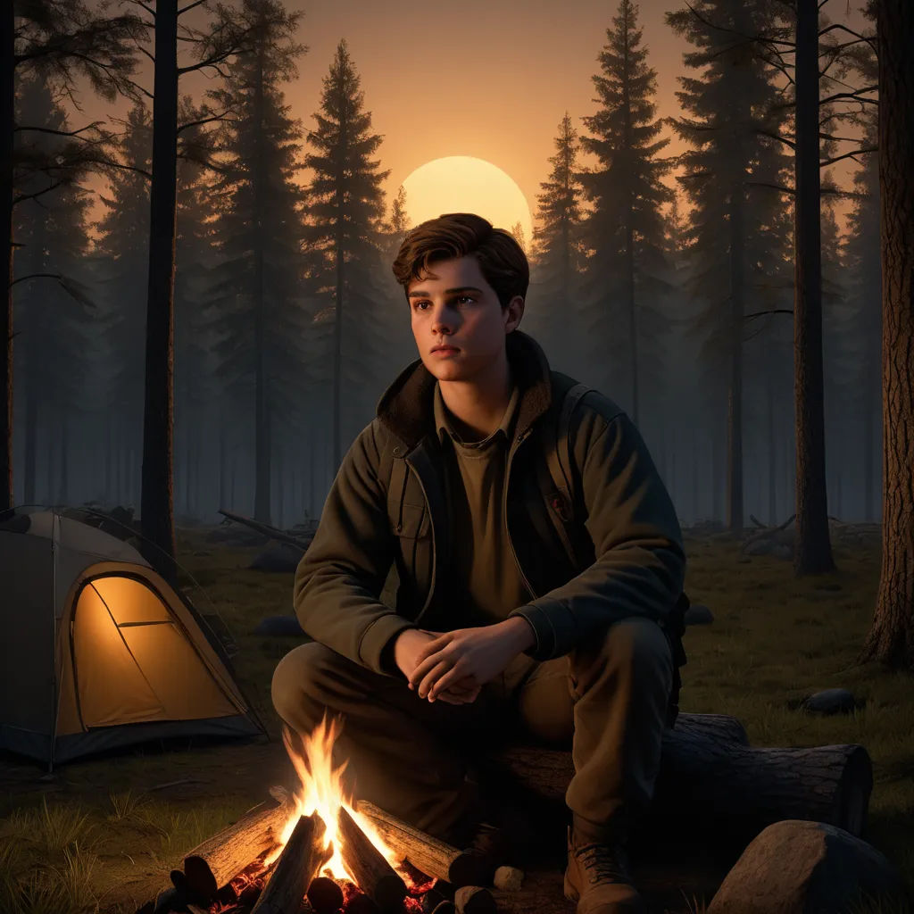 a man sitting in front of a campfire with a tent in the background at night time with the sun setting, sots art, a character portrait, Cedric Seaut (Keos Masons), key art