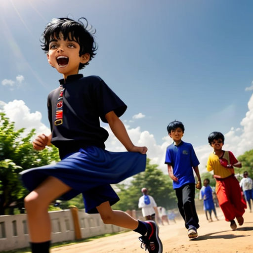 a group of children running down a dirt road together in a park with a blue sky and clouds in the background