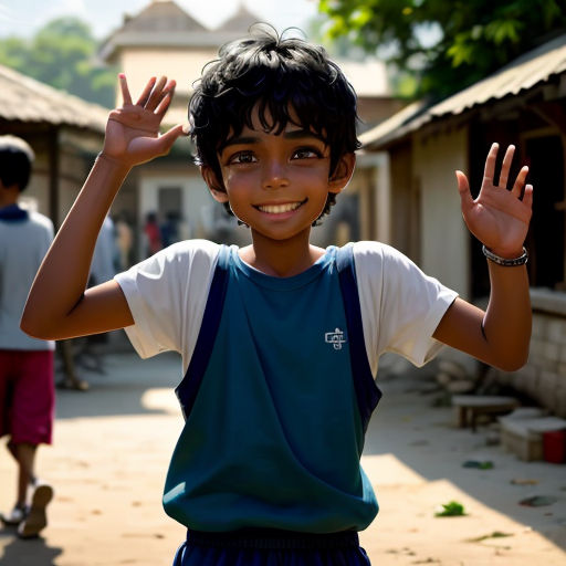 a young boy is waving and smiling at the camera while standing in a village with his hands up in the air