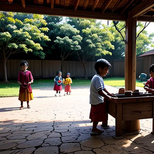 a group of children playing with a table outside in a yard with a wooden roof and a wooden fence