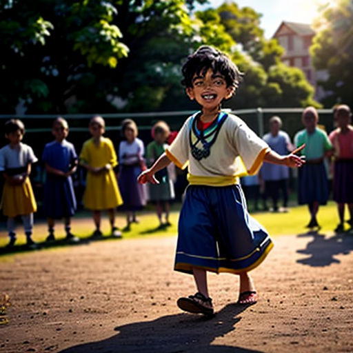 a young boy is dancing in front of a group of children in a park, with a fence in the background