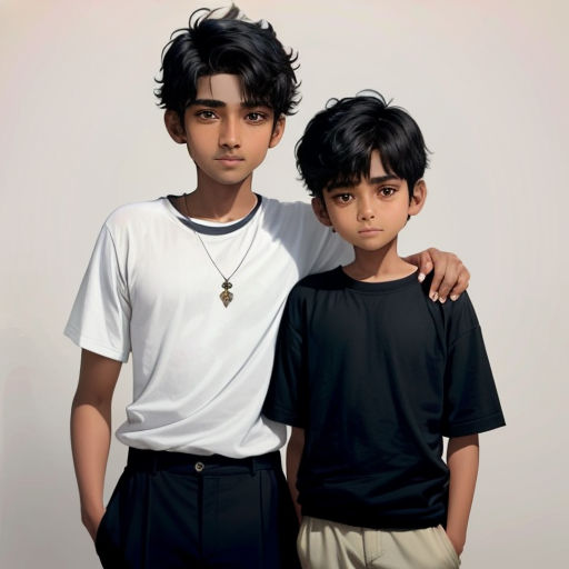 two young boys standing next to each other in front of a white wall with a white background and a black and white photo of them