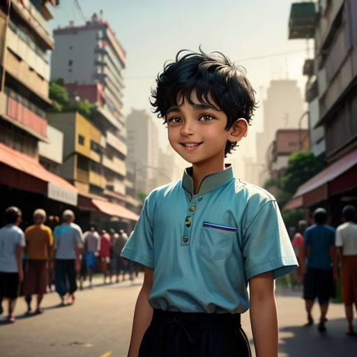 a young boy standing on a street in a city with people walking around him and buildings in the background
