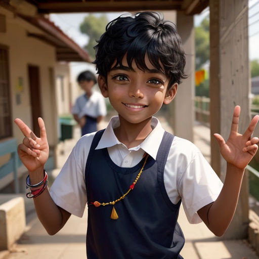 a young boy is making the peace sign with his hands and smiling at the camera while standing on a porch