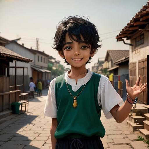 a young boy standing in front of a building with a hand up in the air and a hand out in the air