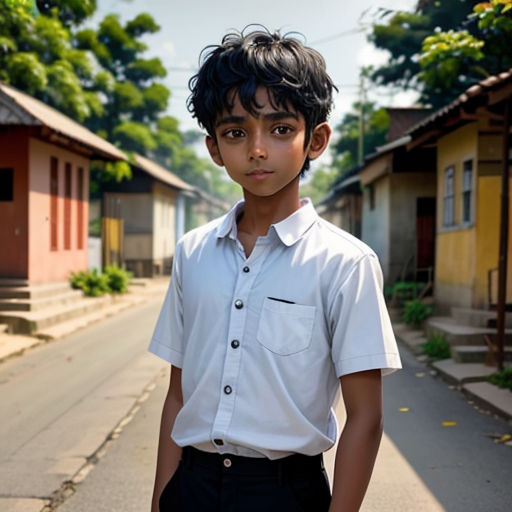 a young boy standing in the middle of a street in a village in india, with houses in the background
