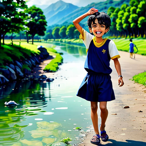a painting of a boy walking down a path by a river with a mountain in the background and a person walking on the side of the path