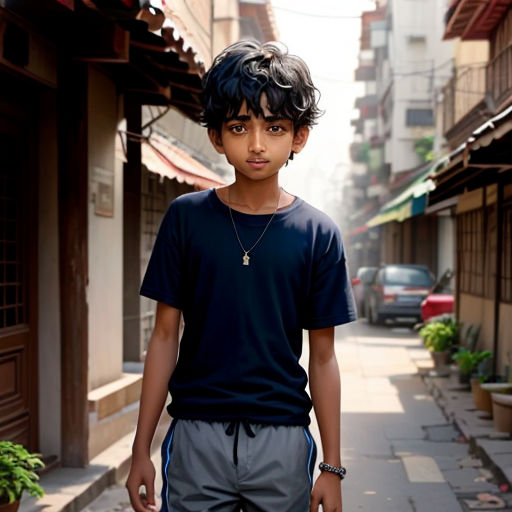 a young man standing on a street next to a building with a clock on it's side walk