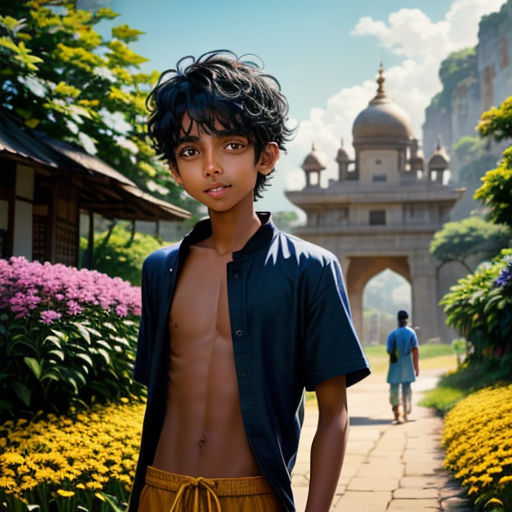 a boy standing in front of a garden with flowers and a man walking by him in the background with a blue shirt on