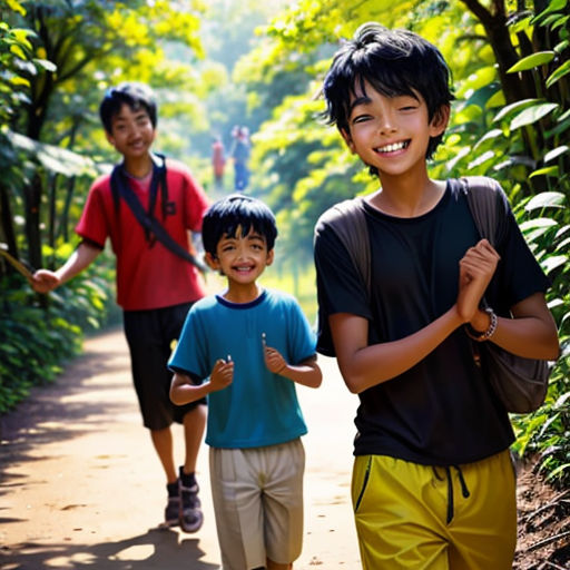 three boys are walking down a path in the woods together, one boy is holding his hands up and the other boy is smiling