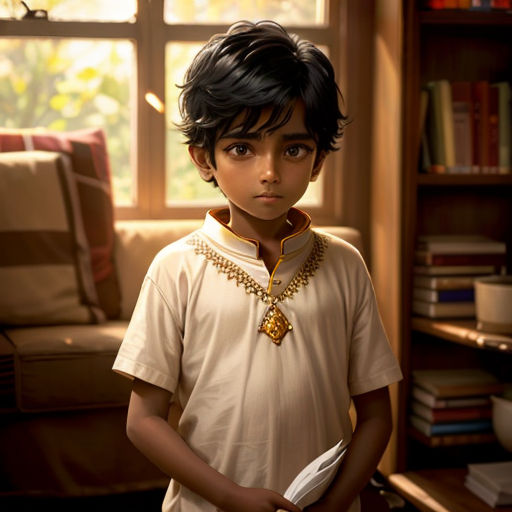 a boy in a white shirt standing in front of a window with a bookcase and a book case