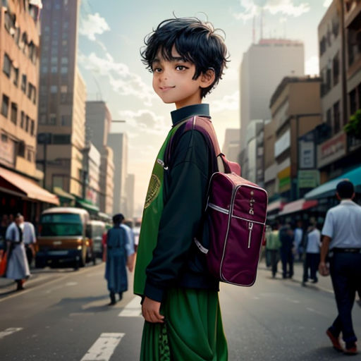 a boy with a backpack standing on the street in a city with people walking around him and buildings in the background