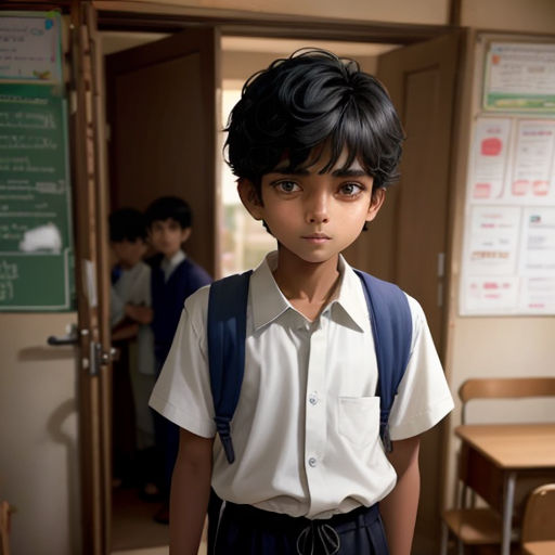 a young boy in a school uniform standing in a hallway with a chalkboard in the background and a classroom with desks and chairs