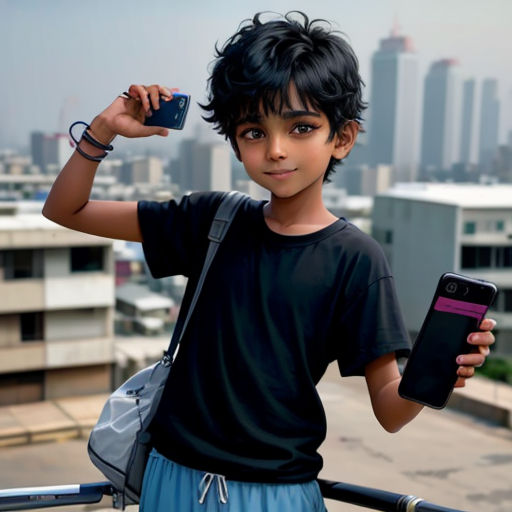 a young boy holding a cell phone and a cell phone in his hand while standing on a balcony overlooking a city
