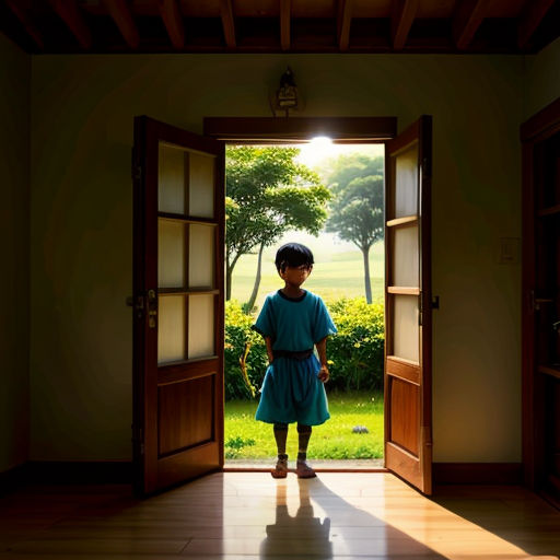 a little girl standing in a doorway with a green dress on and a tree in the background with a light coming through