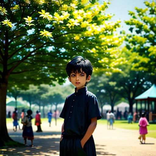 a young boy standing in the middle of a park with a lot of people in the background and trees