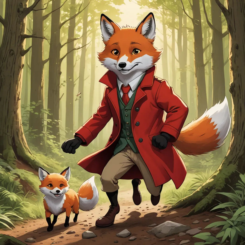 a fox and a fox in a forest with a man in a red coat and a red coat on, furry art, a storybook illustration, Aaron Jasinski, official art